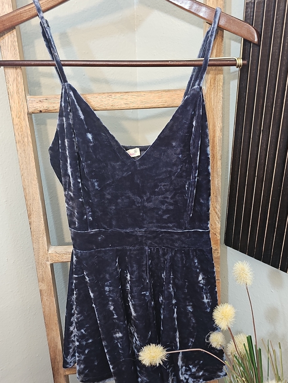 Blue Crushed Velvet Spaghetti Strap Romper - Maronie